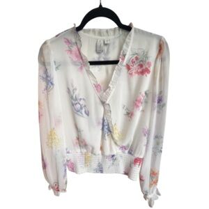 JOIE Floral Crossover Ruffle V Neck Smocked Waist Chiffon Sleeve Top Size M